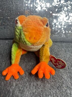 Prince The Frog:Ty Plush Frog in Bright Orange and Lime Green